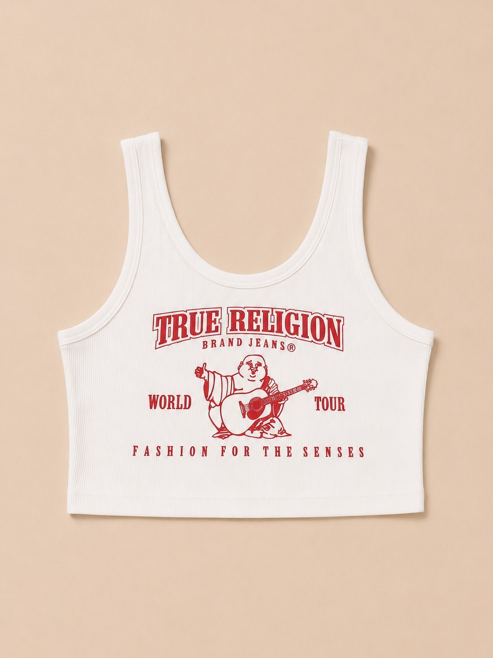 True Religion White Ribbed Crop Tank with Red Logo Graphic